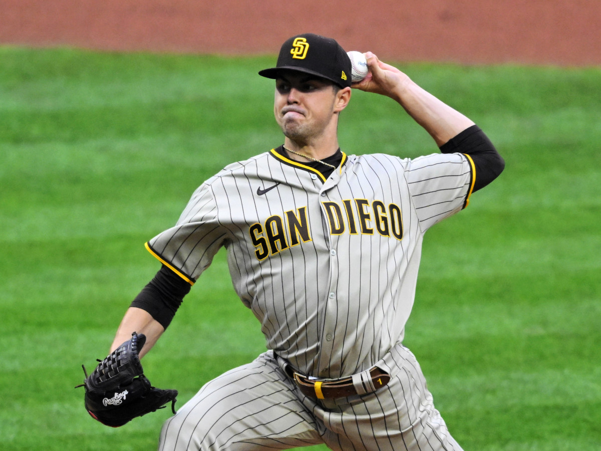 May 4, 2022; Cleveland, Ohio, USA; San Diego Padres starting pitcher MacKenzie Gore (1) delivers a pitch in the fourth inning against the Cleveland Guardians at Progressive Field.